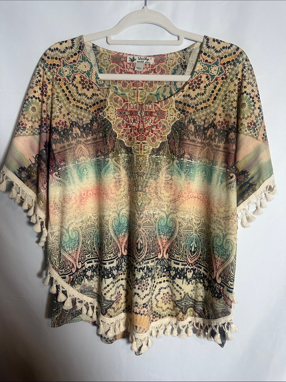Unity World Wear Boho Tassel Tunic — Cream, Teal, Coral